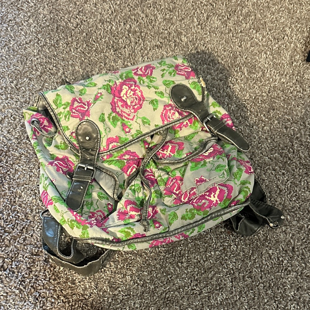 Floral Canvas Backpack with Pink and Green Accents